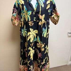 Civico 51 Italy Tropical Palm Leopard Print Tiered Cotton Midi Dress Black XL